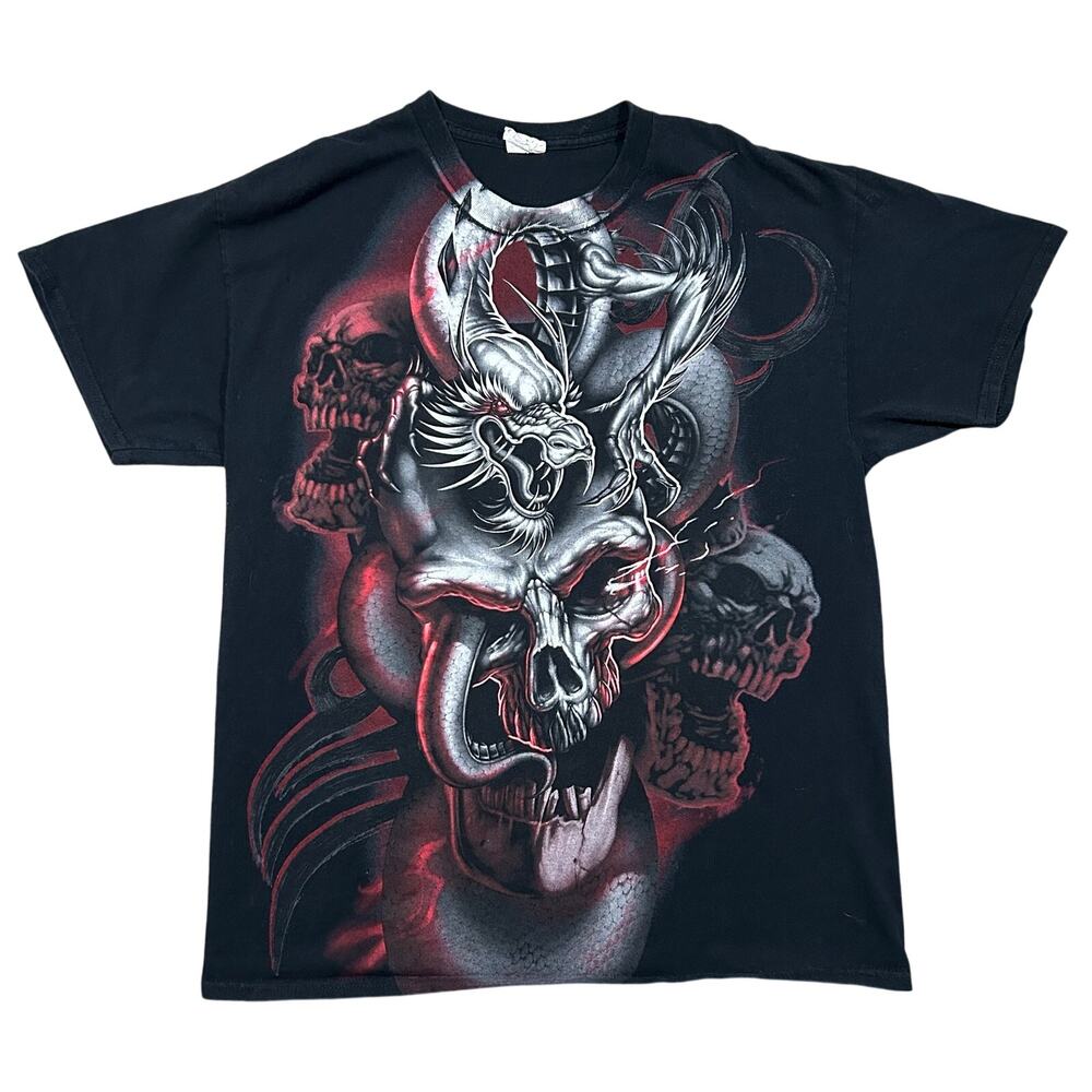 Vintage Y2K Skull Grunge Skater T-Shirt Men’s Size Large AOP Style Black Red